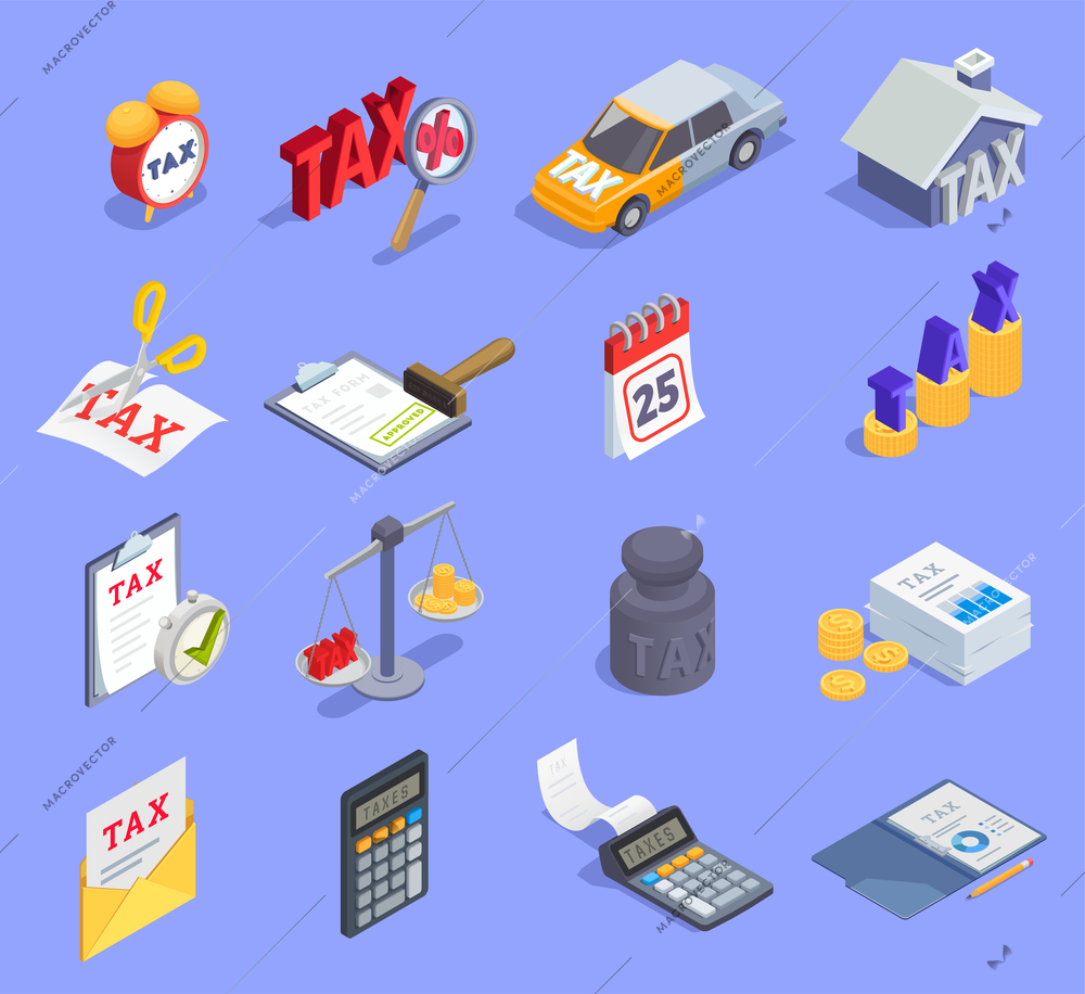 Taxes accounting isometric icons collection with sixteen isolated images of paperwork private property documents and money vector illustration