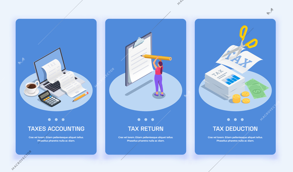 Taxes accounting isometric vertical banners set with images of various objects people buttons and editable text vector illustration