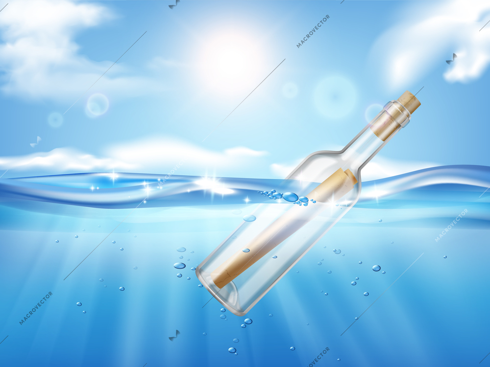 Bottle in wave realistic composition with shining sun on sky and sea with flowing glass bottle vector illustration