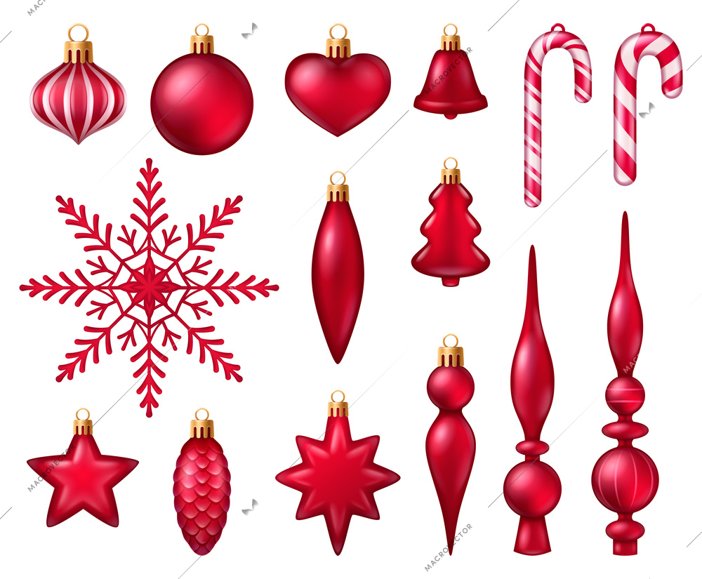 Red and white christmas tree decoration toys set of different shape realistic isolated vector illustration