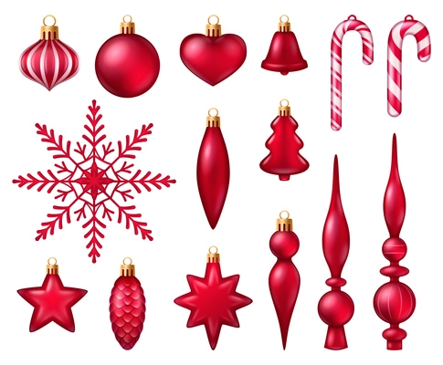 Red and white christmas tree decoration toys set of different shape realistic isolated vector illustration