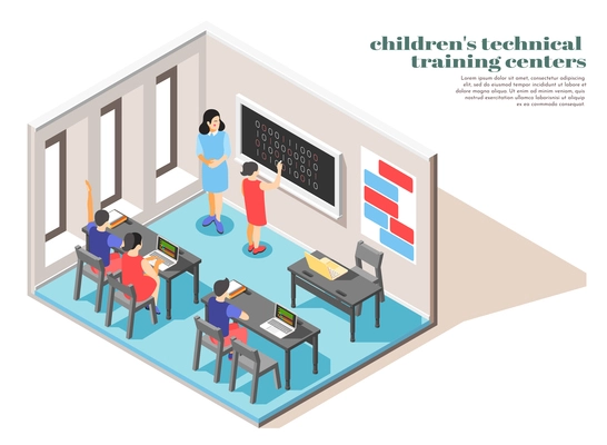 Children technical training center classroom interior isometric composition with binary codes computer programming beginners class vector illustration