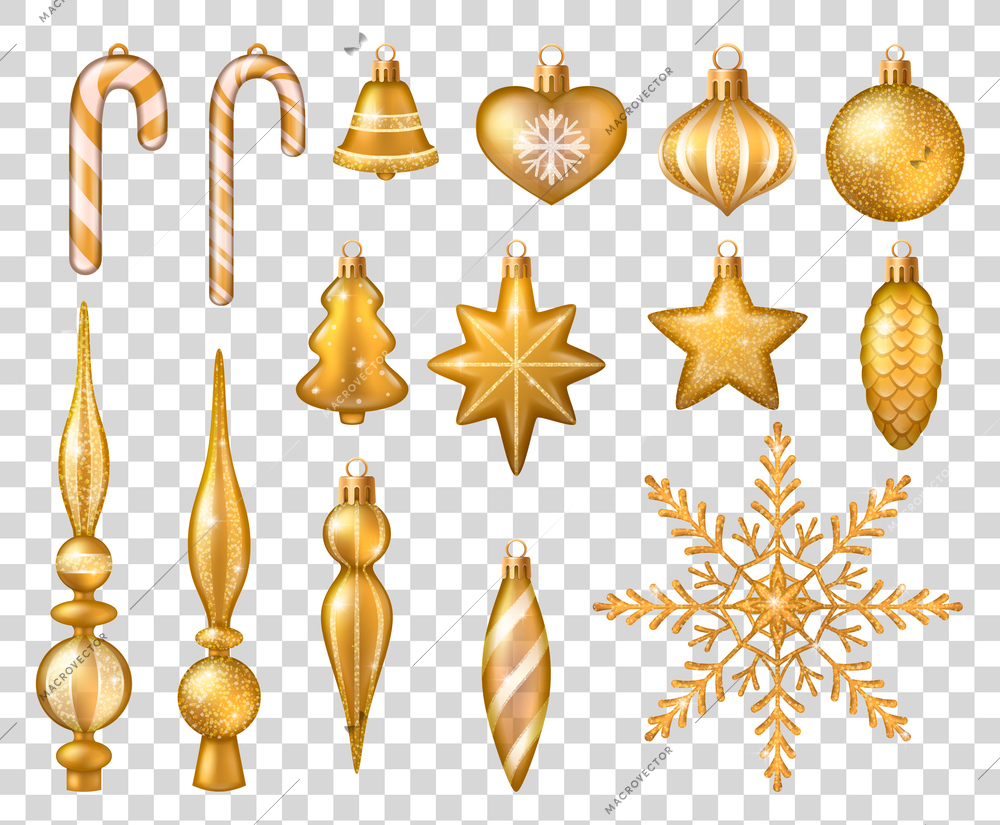 Christmas tree toys set with golden ball bell snowflake candy cane star isolated on transparent background vector illustration