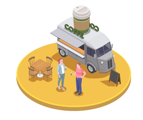 Food truck isometric composition with human characters and coffee truck on top of circle platform vector illustration