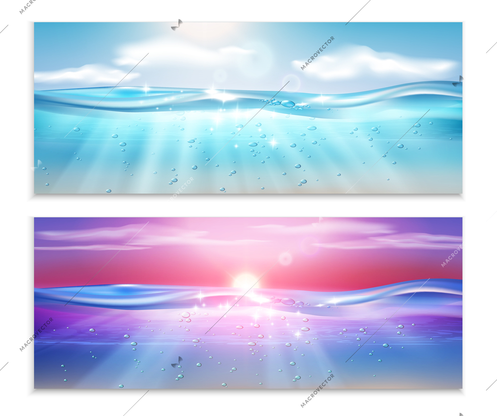 Underwater ocean wave realistic set of two horizontal banners with open sea landscapes with sky and sunbeams vector illustration