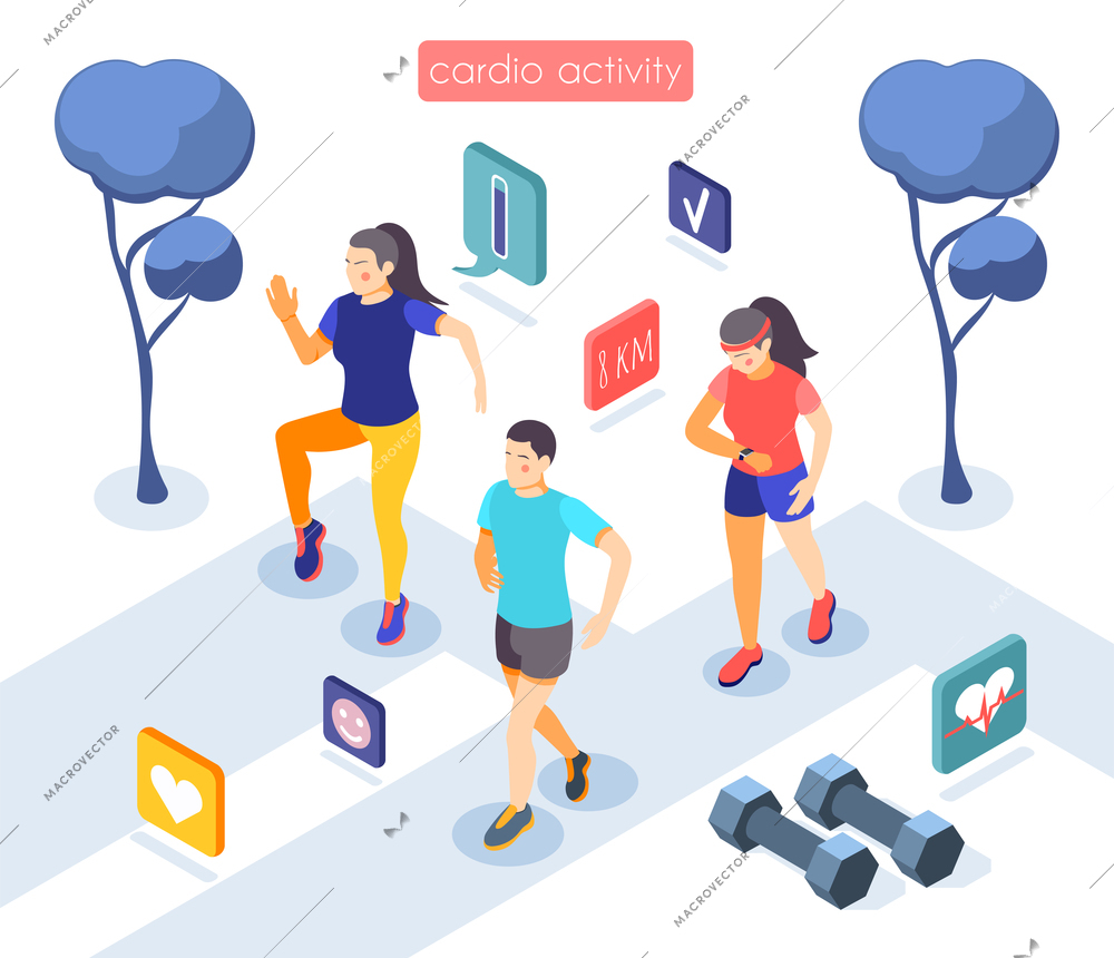 Cardio activity training session apps isometric composition with heart rate weights barbels calories burned symbols vector illustration