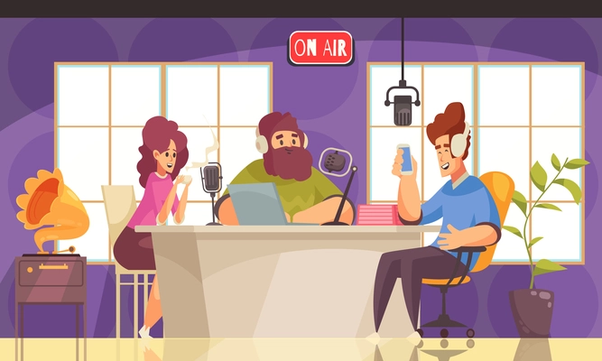 Radio show background with people talking symbols flat vector illustration
