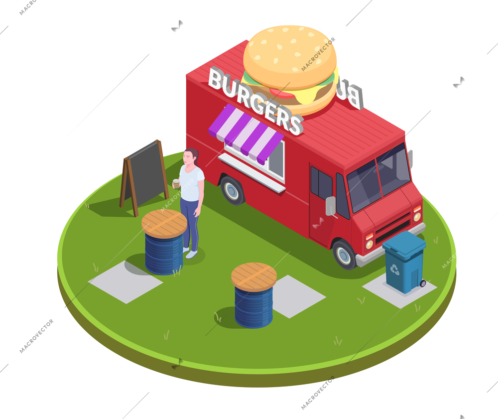 Food truck isometric composition with round platform and mobile fastfood restaurant with outdoor tables and people vector illustration