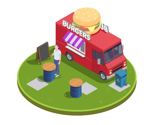 Food truck isometric composition with round platform and mobile fastfood restaurant with outdoor tables and people vector illustration