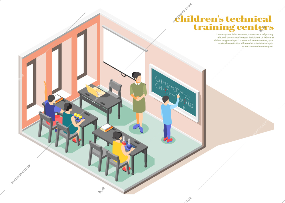 Children technical training center interior isometric composition with teacher assisting boy writing formulas on chalkboard vector illustration