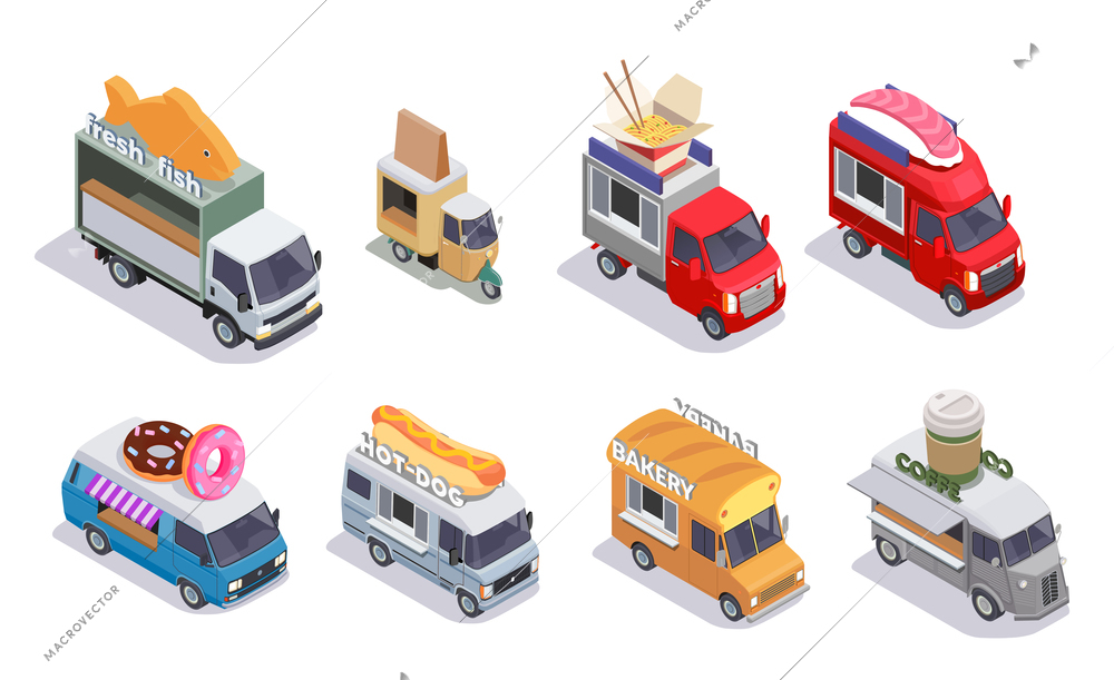 Food truck isometric set with eight isolated images of mobile fastfood restaurant vehicles with different design vector illustration