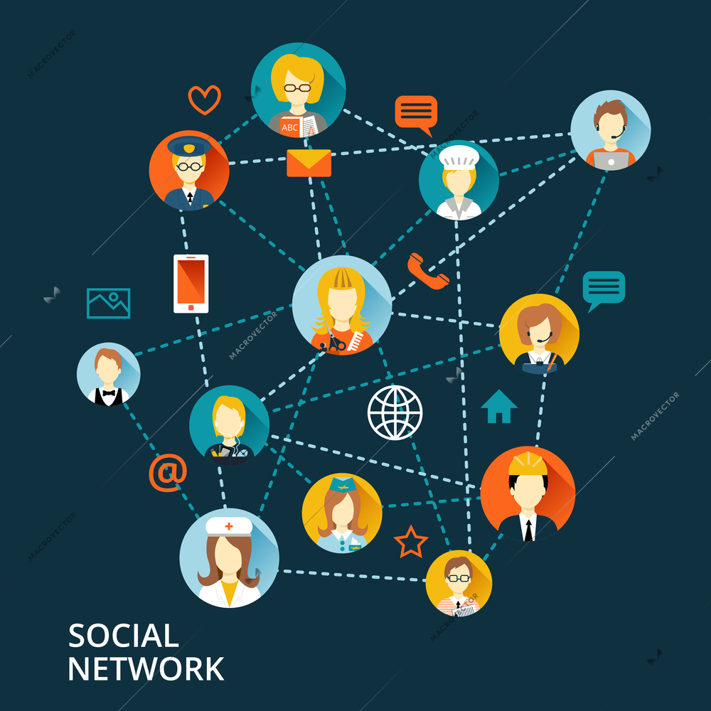 Global professional social business network group of people connection in communication concept in flat style vector illustration