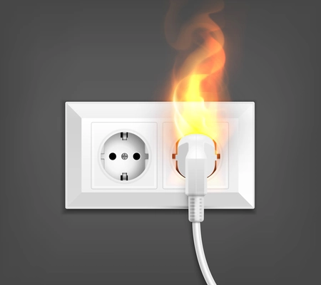 Burning power socket realistic composition with image of double wall outlet with fire and electric plug vector illustration