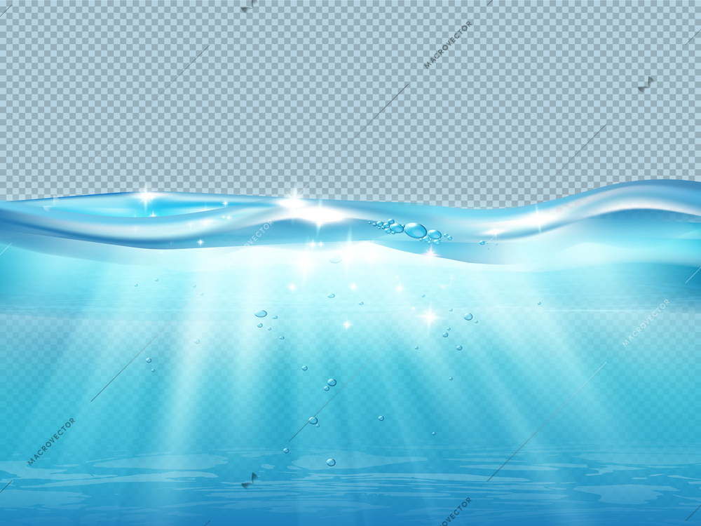 Underwater ocean wave realistic composition with pure water bubbles and sunbeams on transparent background vector illustration