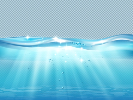 Underwater ocean wave realistic composition with pure water bubbles and sunbeams on transparent background vector illustration