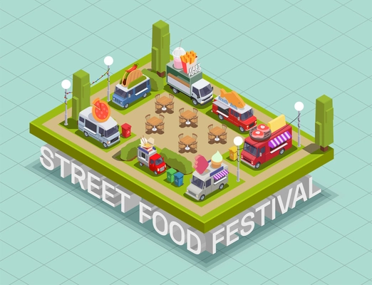 Food truck isometric composition with text under platform with parked fastfood trucks with stalls and seats vector illustration