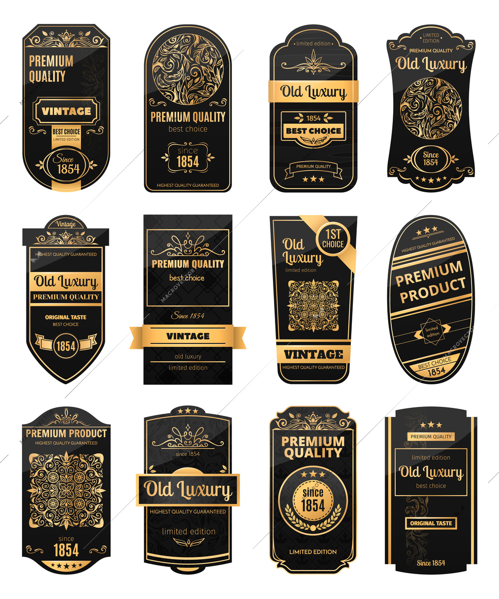 Realistic set of black and golden retro labels for packaging luxury products isolated vector illustration