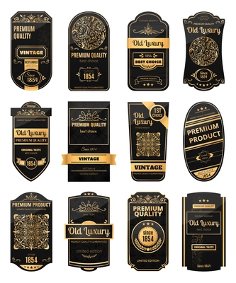 Realistic set of black and golden retro labels for packaging luxury products isolated vector illustration