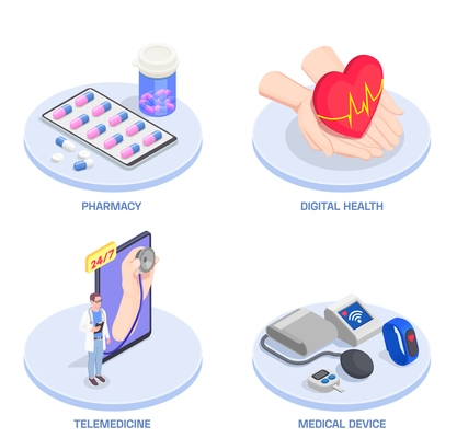 Telemedicine digital health isometric compositions set with four platforms various healthcare objects and editable text captions vector illustration