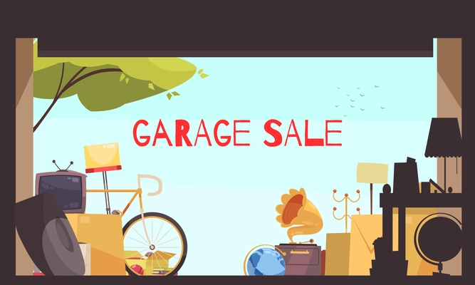 Garage sale background with bicycle TV and furniture symbols flat vector illustration