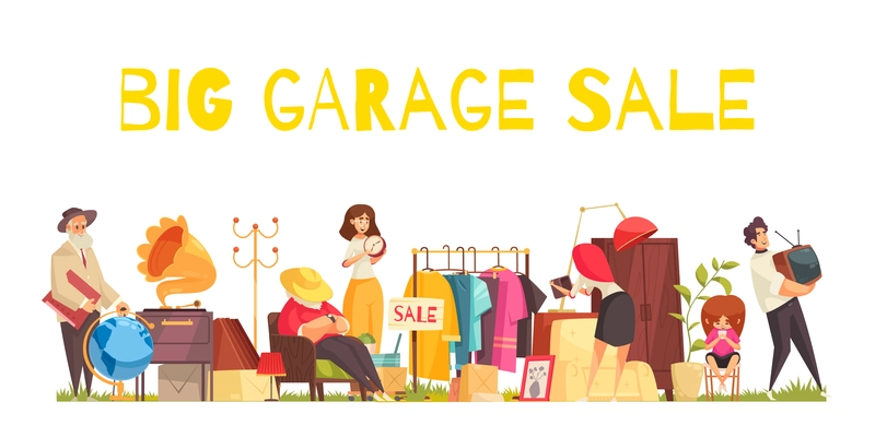 Garage sale concept with clothes utensils and furniture flat vector illustration