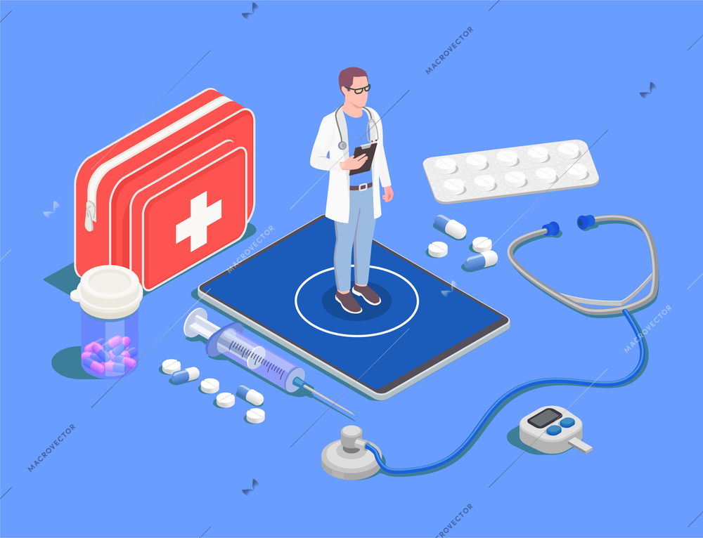 Telemedicine digital health isometric composition with medication images of pills and drugs with character of doctor vector illustration