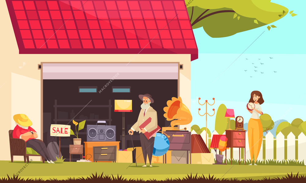 Garage sale background with furniture and accessory symbols flat  vector illustration