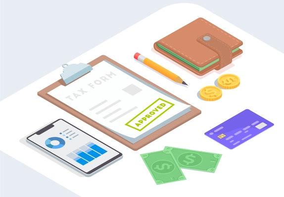 Taxes accounting isometric composition with images of pencil paperwork money credit card and smartphone on table vector illustration