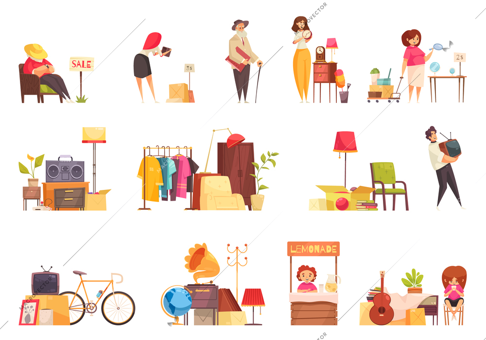 Garage sale items sellers buyers visitors  used clothing furniture bicycle musical instruments tv set flat vector illustration