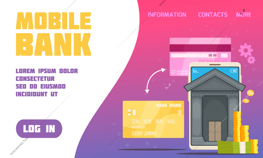 Mobile bank service poster with contacts and information symbols flat vector illustration