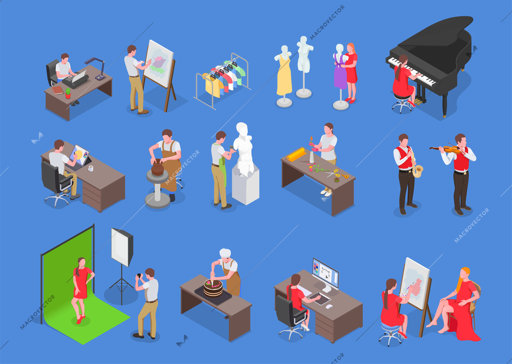 Creative people professions artist isometric set with isolated human characters furniture and pieces of professional equipment vector illustration