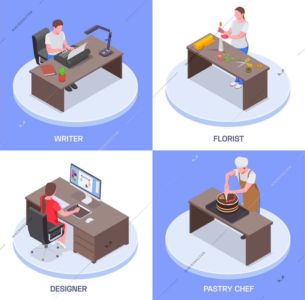 Creative people professions artist isometric design concept with text and images of working people at tables vector illustration