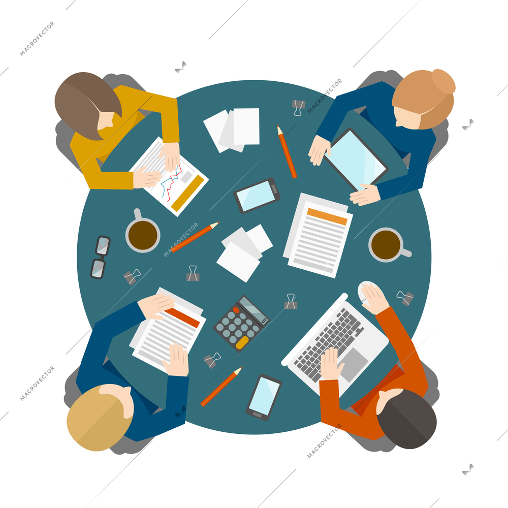 Flat style office workers business management meeting and brainstorming on the round table in top view vector illustration