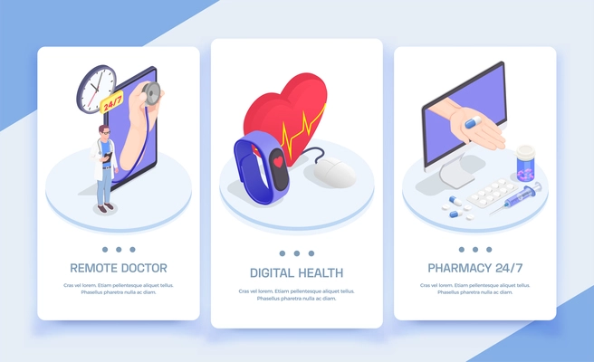 Telemedicine digital health isometric vertical banners set with conceptual images of people electronics and editable text vector illustration