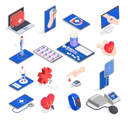 Telemedicine digital health isometric collection of isolated icons and pictograms with pills human hands and computers vector illustration