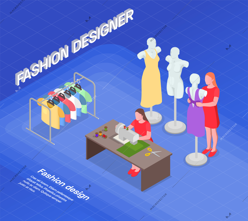 Creative people professions artist isometric background with editable text and designer of clothes character workspace elements vector illustration