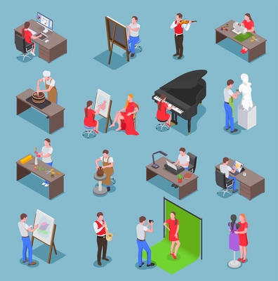 Creative people professions artist isometric set of isolated human characters with their respective equipment with shadows vector illustration