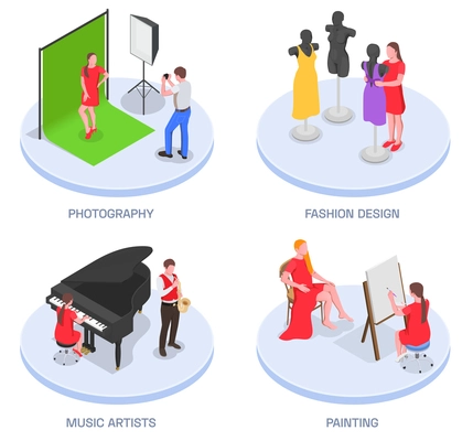 Creative people professions artist isometric set of four compositions with human characters on circle platforms and text vector illustration