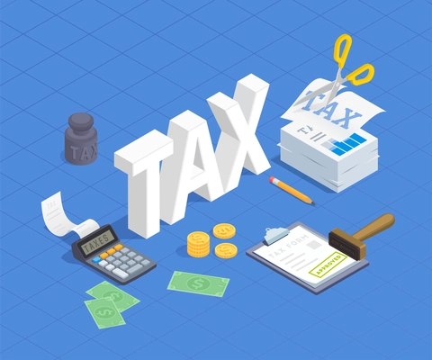 Taxes accounting isometric composition with 3d text surrounded by stationery objects money banknotes and paper work vector illustration