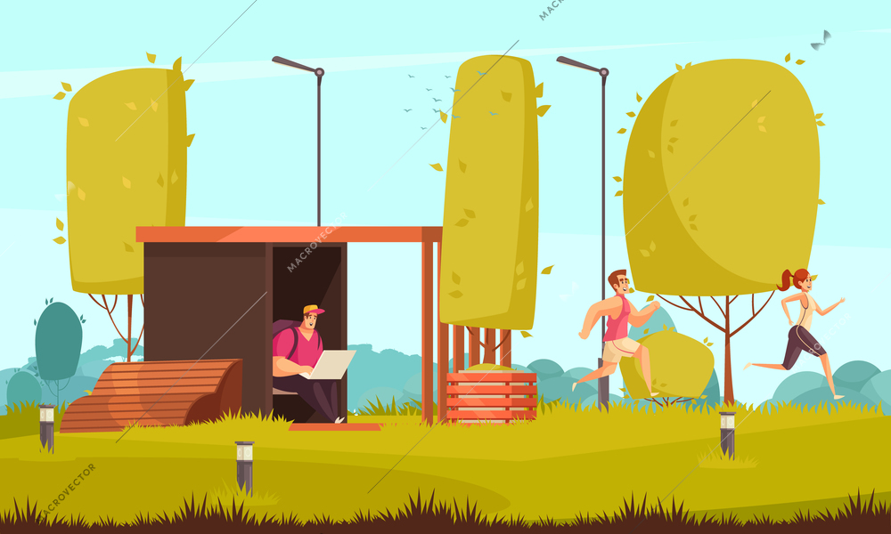 Summer day city park landscape flat composition with trees lanterns running couple freelancer with laptop vector illustration