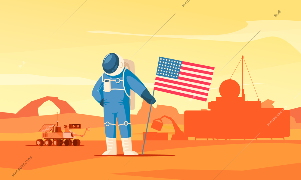 Mars colonization flat composition with prominent astronaut planting flag figure rover construction work on background vector illustration