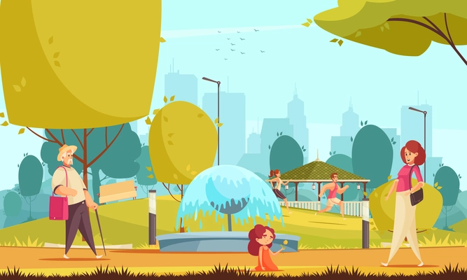 City park summer flat composition with runners little girl with mother near fountain cityscape background vector illustration