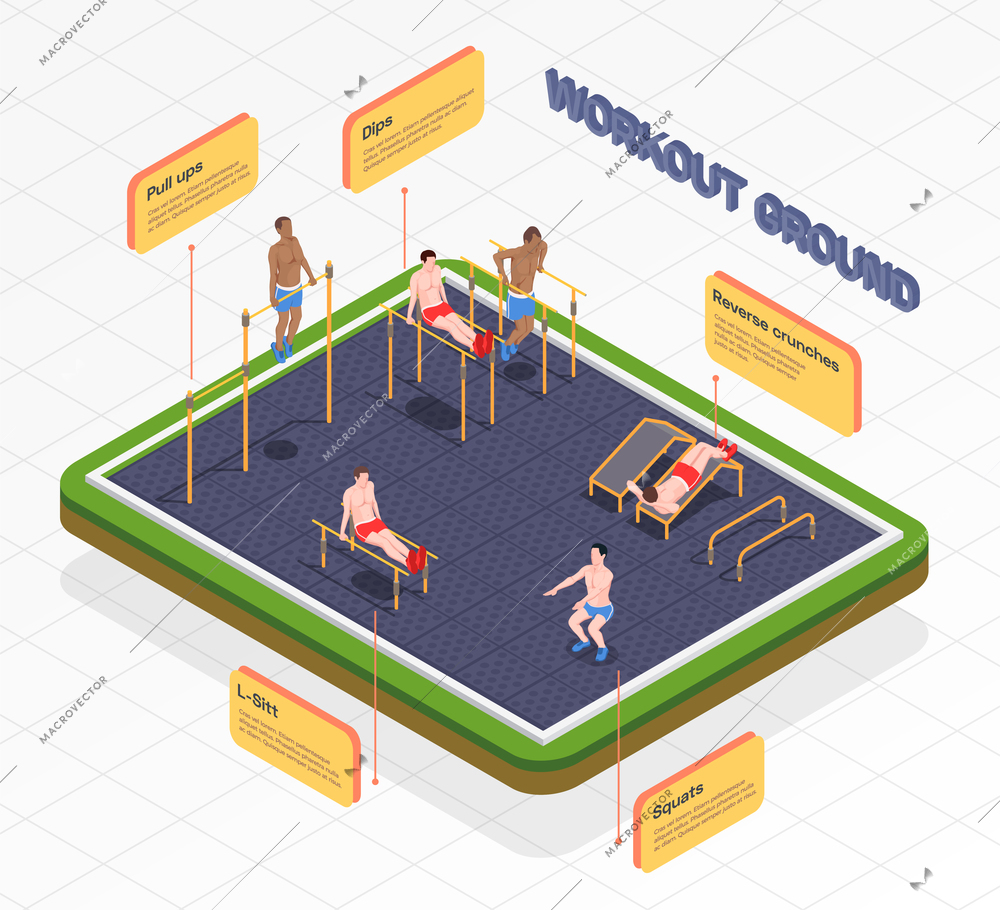 Workout isometric people infographic composition with pop-up bubbles with editable text sports area and people vector illustration