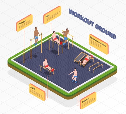 Workout isometric people infographic composition with pop-up bubbles with editable text sports area and people vector illustration