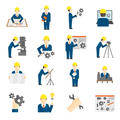 Set of construction industry engineer workers icons in flat style for profession science user computer interface vector illustration