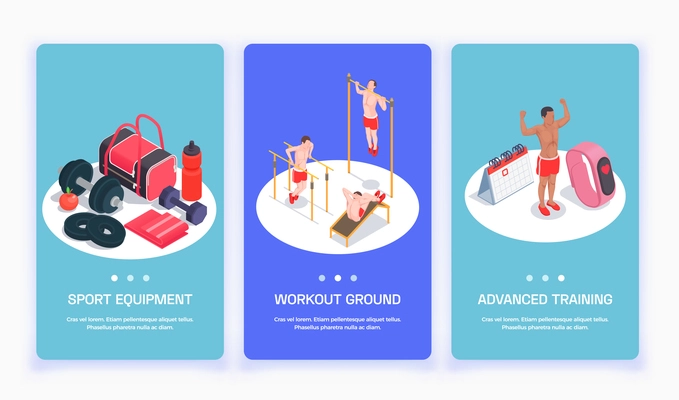 Set with three isolated workout isometric people vertical banners with page switch buttons and editable text vector illustration