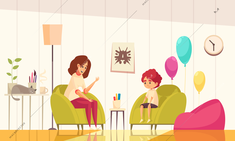 Infant psychologist child counselling session in informal cozy office interior with balloons plant cat flat vector illustration