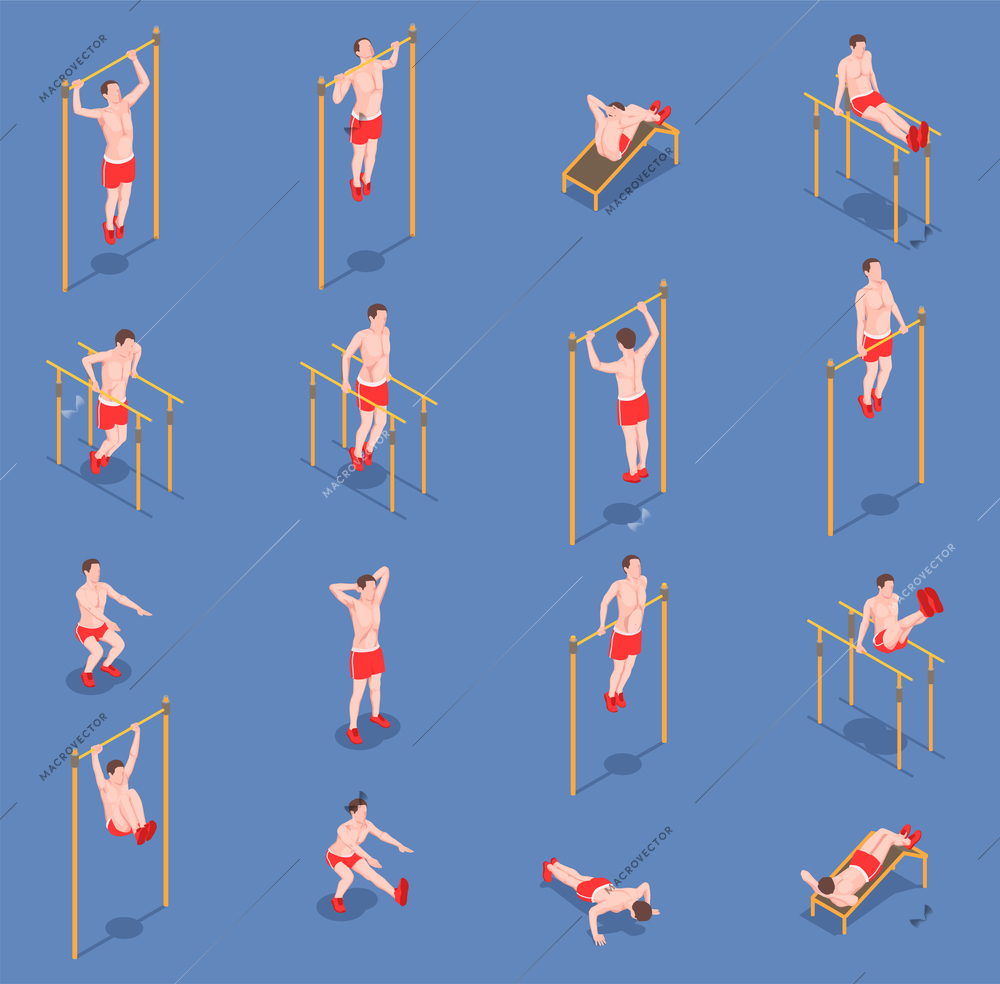 Workout isometric people set of sixteen isolated icons with male character of athlete doing various exercises vector illustration