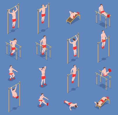 Workout isometric people set of sixteen isolated icons with male character of athlete doing various exercises vector illustration