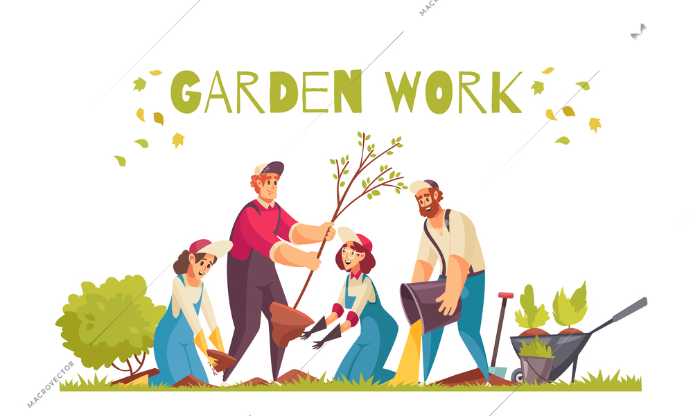 Gardener work concept with trees and vegetables planting flat vector illustration